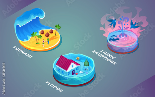 Isolated hydrological cataclysm or water natural disasters, natural catastrophe or accident, problem. River flood and tsunami tidal wave, limnic eruption or lake overturn. Nature hazard and danger