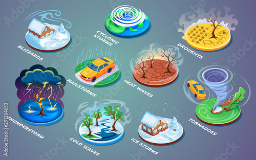 Meteorological disaster or extreme weather, natural catastrophe or cataclysm, rain or wind problem. Thunder and ice, cyclonic and hail storm, heat and cold wave, tornado and blizzard, drought, drouth
