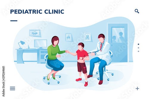 Isometric screen for medical or pediatric application. Pediatrician doctor for children or baby, infant. Hospital with ill or sick kid and mother parent. Clinic examination app.Online healthcare theme