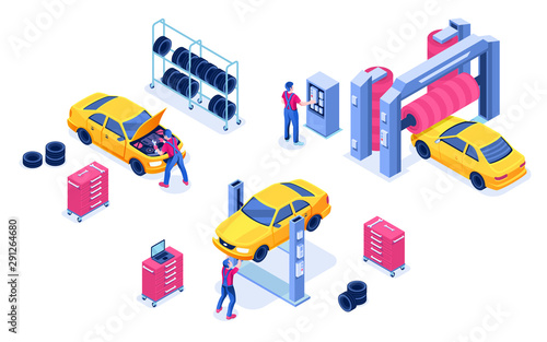 Car service or auto maintenance garage, transport diagnostic center. Isolated vehicle wash and automobile tuning, wheel alignment. Mechanic under machine hood. Auto shop for spare change or check photo
