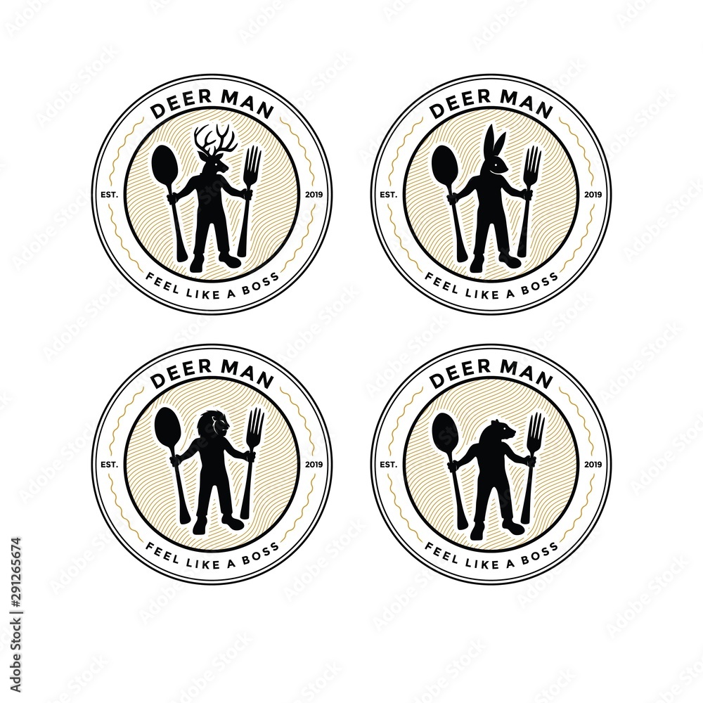 Animal man bring fork and spoon for eat. food lover logo icon vector. half of fauna head and human body. Unique original graphic. Luxury simple look. Animal man bring fork and spoon for eat. food lover logo icon vector. half of fauna head and human body. Unique original graphic. Luxury simple look.