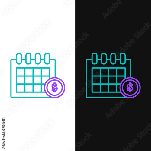 Green and purple line Financial calendar icon isolated on white and black background. Annual payment day, monthly budget planning, fixed period concept, loan duration. Vector Illustration