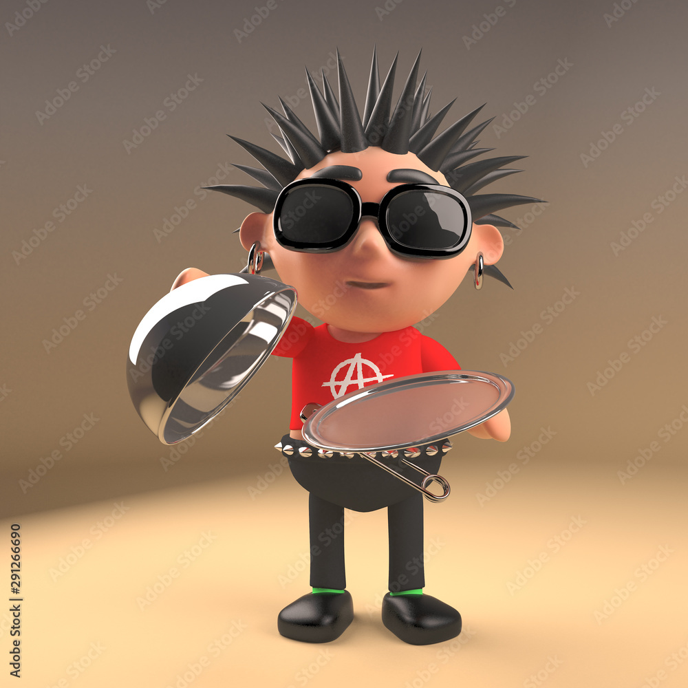 Spiky haired teenage 3d punk rock cartoon character holding a silver tray,  3d illustration Stock Illustration | Adobe Stock