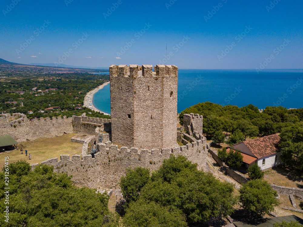 Aerial drone view to Platamon Castle. Important part of the history of Pieria, is a Crusader castle (built between 1204 and 1222) in northern Greece