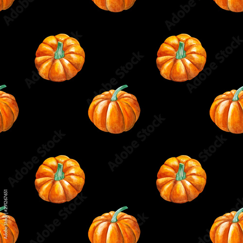 Watercolor seamless pattern with leaves, branches and pumpkins isolated on black background. Hand painted illustration for design kitchen, bio food, menu, healthy eating, textiles, market.