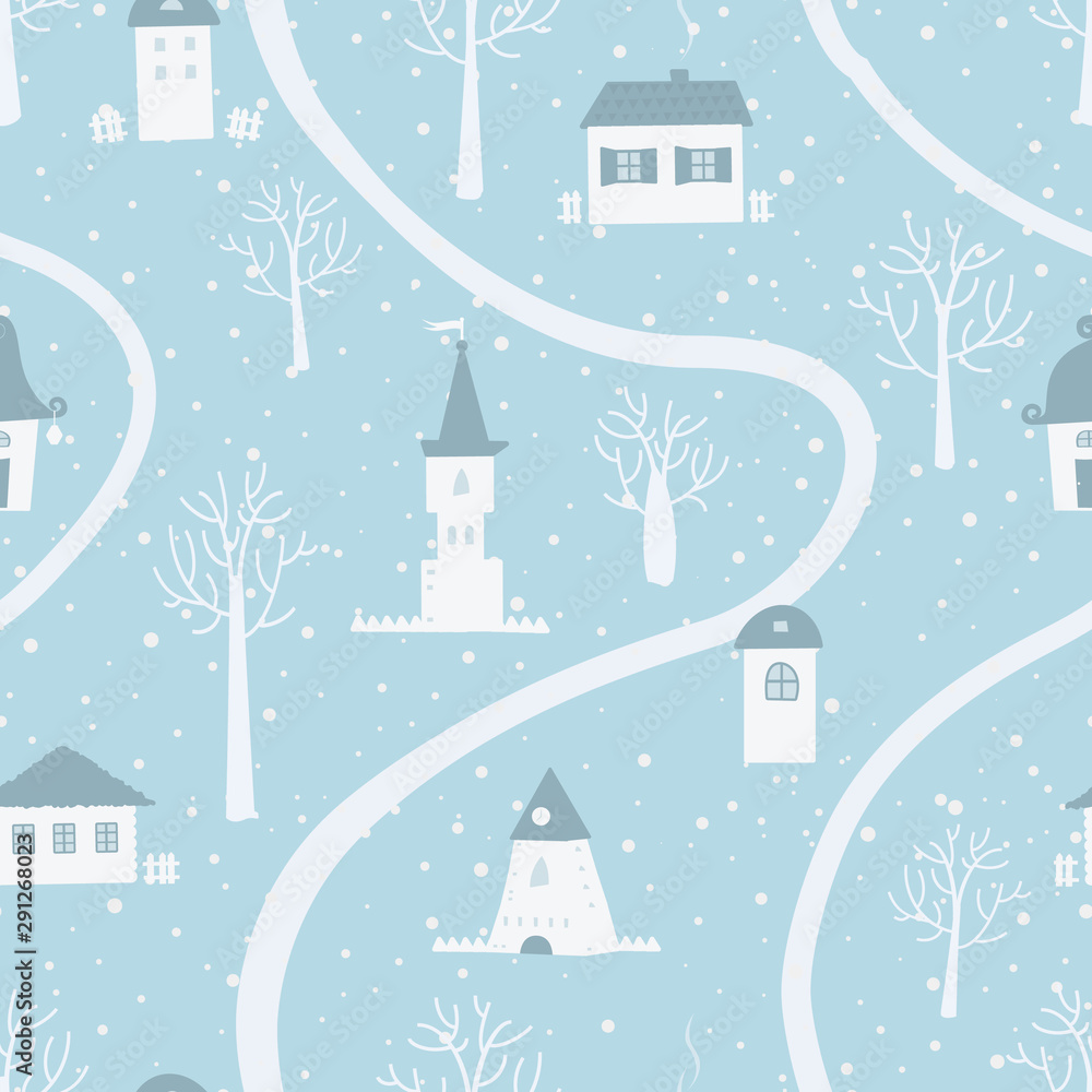 Winter village. Christmas seamless background. Fairy tale cartoon landscape. There are houses and trees on a blue background in the image. Vector illustration