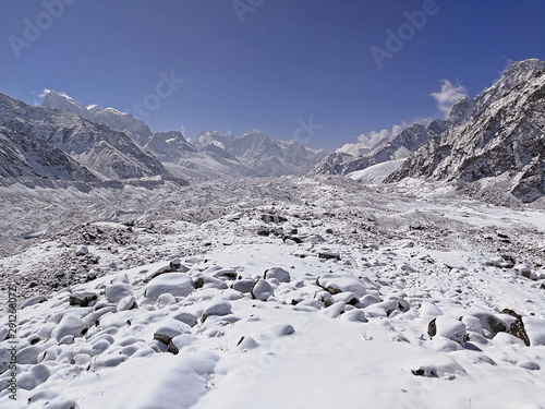 Himalayan mountains at the morning after recent snowfall. White silence, absolute quiet; tranquility and calm concept photo