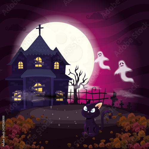haunted house with cat in scene halloween