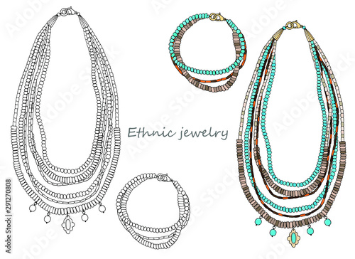 Handmade jewelry in ethnic style: long necklace and bracelet.