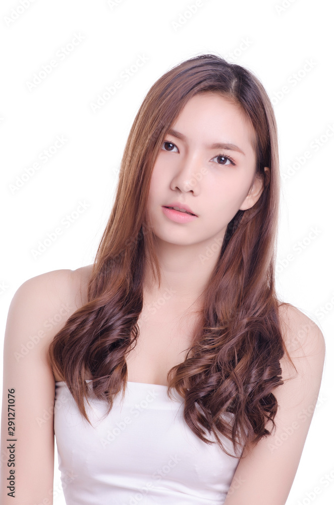 Asian young beautiful woman happy and smiling with elegant long healthy smooth hair, natural make-up, beauty face, isolated over white background. Asian young beautiful woman happy and smiling with elegant long healthy smooth hair, natural make-up, beauty face, isolated over white background.
