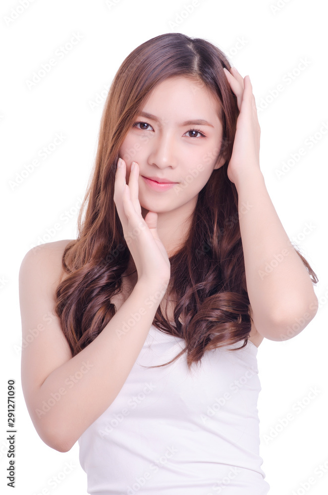 Short hair asian young beautiful woman smiling and touching her face, isolated over white background. natural makeup, SPA therapy, skincare, cosmetology and plastic surgery concept Short hair asian young beautiful woman smiling and touching her face, isolated over white background. natural makeup, SPA therapy, skincare, cosmetology and plastic surgery concept