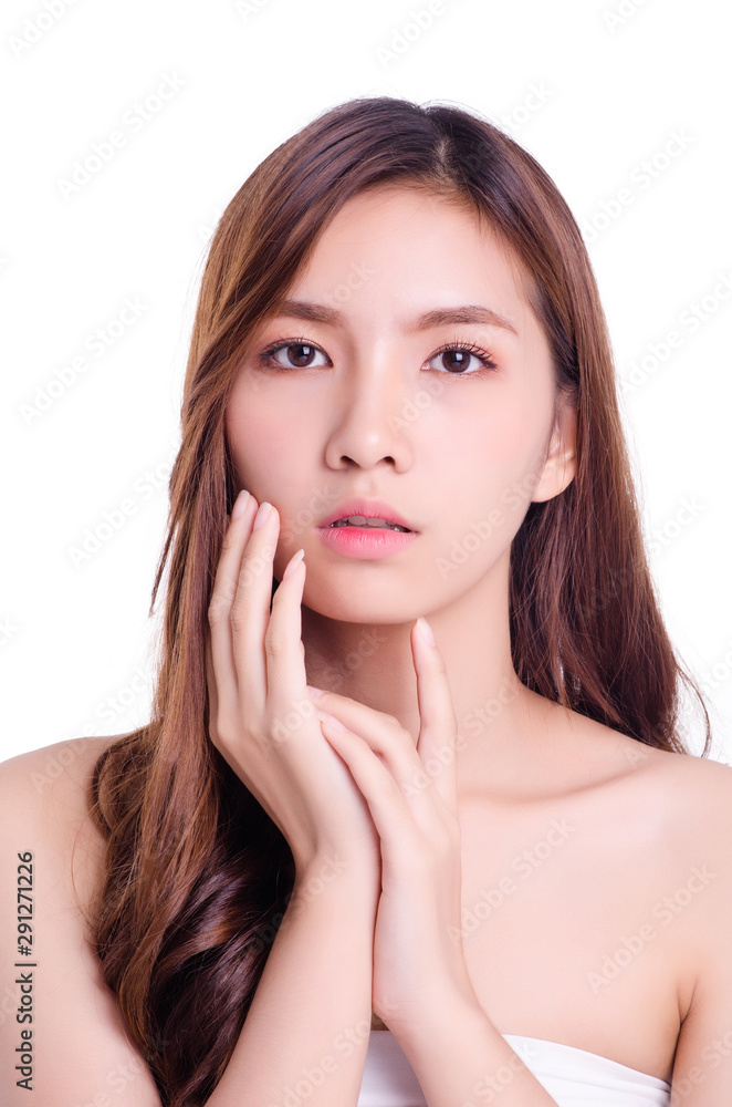 asian young beautiful woman smiling and touching her face, isolated over white background. natural makeup, SPA therapy, skincare, cosmetology and plastic surgery concept asian young beautiful woman smiling and touching her face, isolated over white background. natural makeup, SPA therapy, skincare, cosmetology and plastic surgery concept