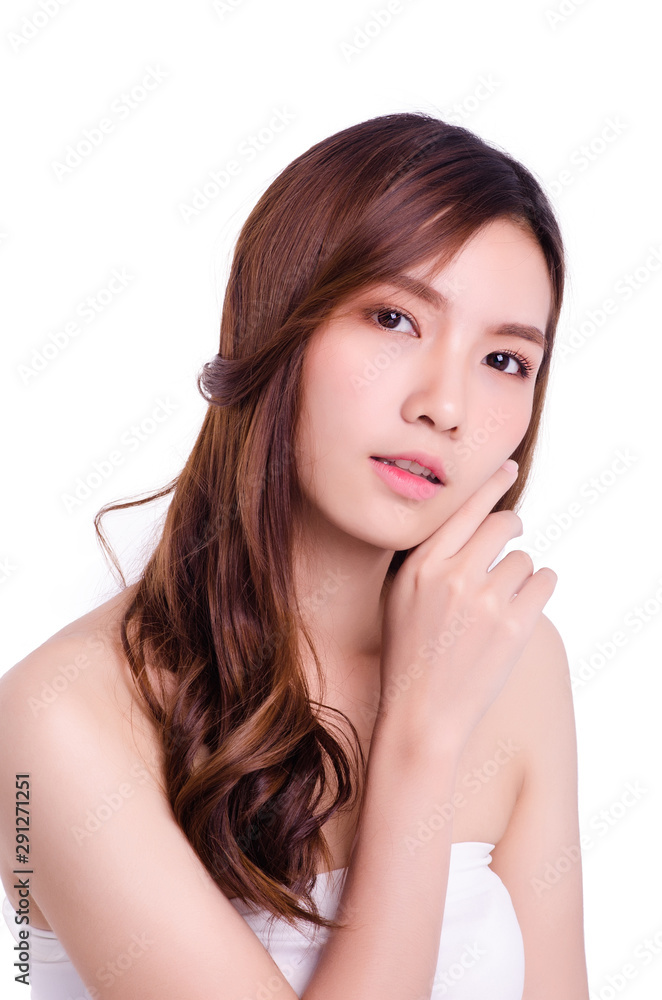 asian young beautiful woman smiling and touching her face, isolated over white background. natural makeup, SPA therapy, skincare, cosmetology and plastic surgery concept asian young beautiful woman smiling and touching her face, isolated over white background. natural makeup, SPA therapy, skincare, cosmetology and plastic surgery concept