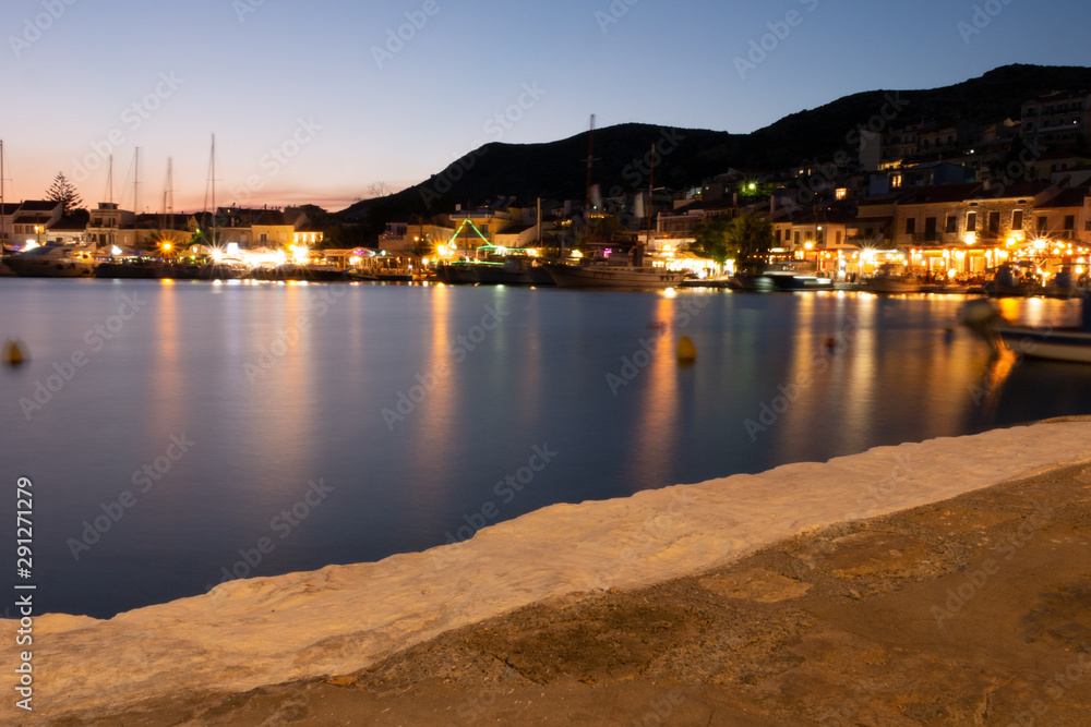 Samos island. Greece. Sea and pythagorion village background by night long exposure