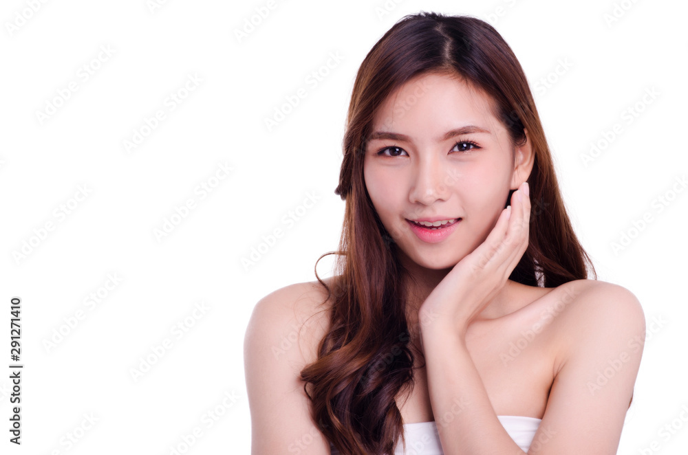 asian young beautiful woman smiling and touching her face, isolated over white background. natural makeup, SPA therapy, skincare, cosmetology and plastic surgery concept.with free copyspace asian young beautiful woman smiling and touching her face, isolated over white background. natural makeup, SPA therapy, skincare, cosmetology and plastic surgery concept.with free copyspace