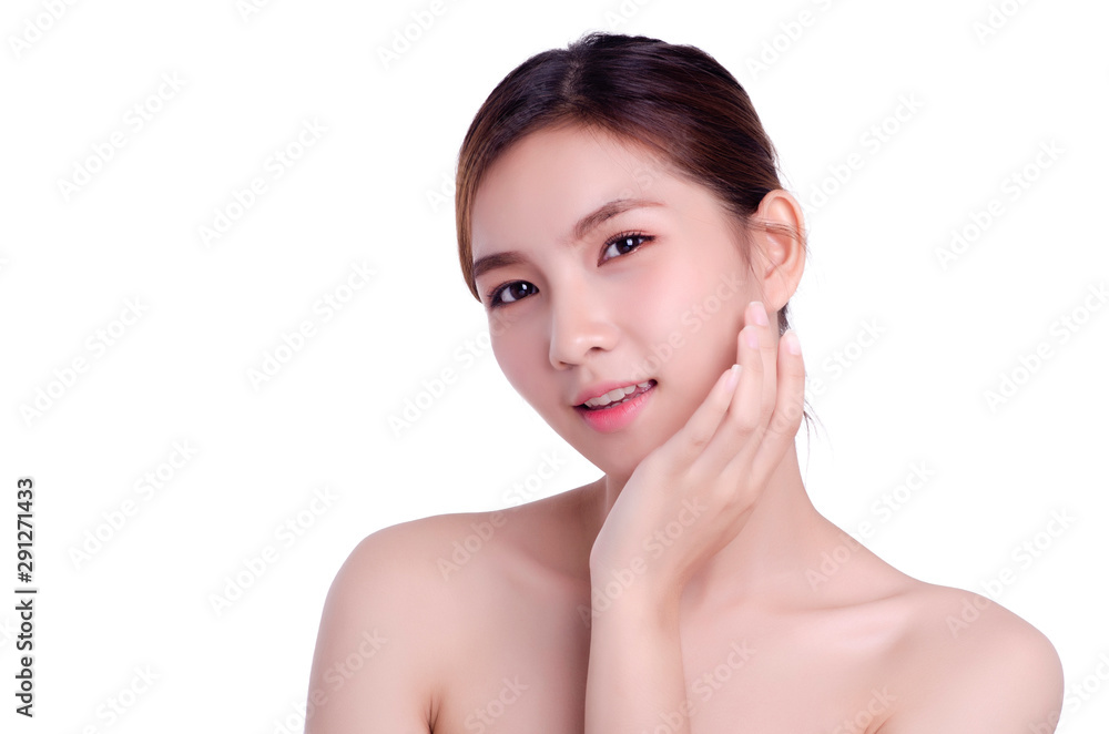 Short hair asian young beautiful woman smiling and touching her face, isolated over white background. natural makeup, SPA therapy, skincare, cosmetology and plastic surgery concept Short hair asian young beautiful woman smiling and touching her face, isolated over white background. natural makeup, SPA therapy, skincare, cosmetology and plastic surgery concept