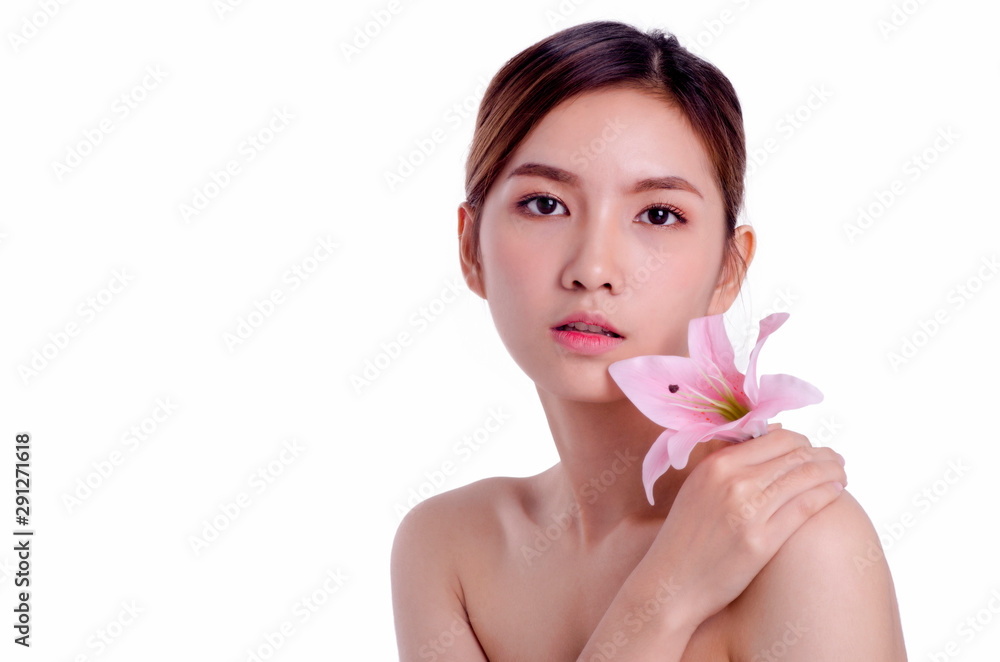 Portrait of asian young beautiful woman smiling, isolated over white background. natural makeup, SPA therapy, skincare, cosmetology and plastic surgery concept.with free copyspace Portrait of asian young beautiful woman smiling, isolated over white background. natural makeup, SPA therapy, skincare, cosmetology and plastic surgery concept.with free copyspace