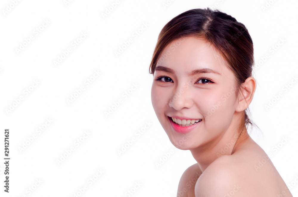 Portrait of asian young beautiful woman smiling, isolated over white background. natural makeup, SPA therapy, skincare, cosmetology and plastic surgery concept.with free copyspace Portrait of asian young beautiful woman smiling, isolated over white background. natural makeup, SPA therapy, skincare, cosmetology and plastic surgery concept.with free copyspace