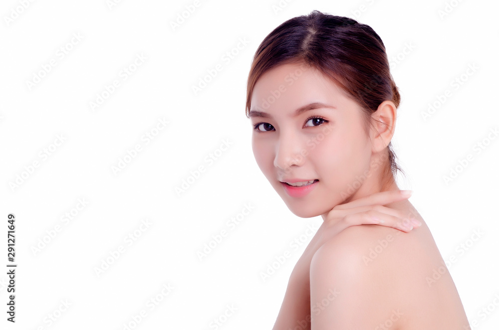 Short hair asian young beautiful woman smiling and touching her face, isolated over white background. natural makeup, SPA therapy, skincare, cosmetology and plastic surgery concept Short hair asian young beautiful woman smiling and touching her face, isolated over white background. natural makeup, SPA therapy, skincare, cosmetology and plastic surgery concept