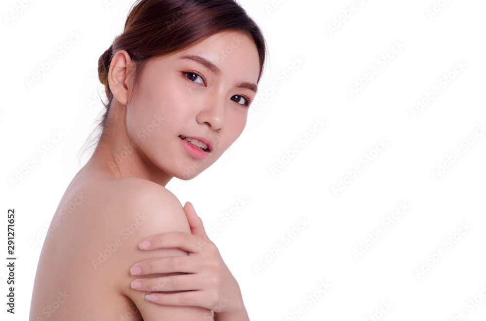 Portrait of asian young beautiful woman smiling, isolated over white background. natural makeup, SPA therapy, skincare, cosmetology and plastic surgery concept.with free copyspace Portrait of asian young beautiful woman smiling, isolated over white background. natural makeup, SPA therapy, skincare, cosmetology and plastic surgery concept.with free copyspace