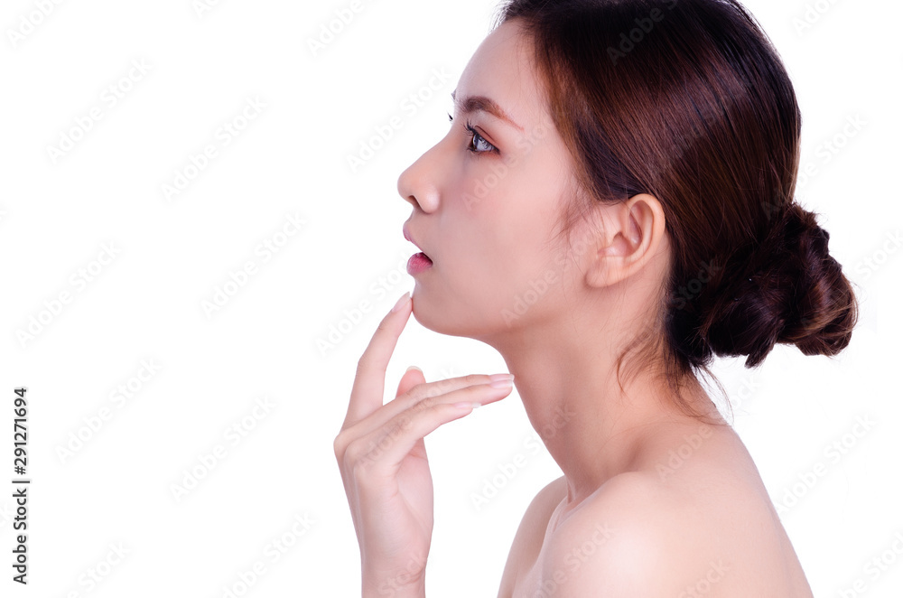 asian young beautiful woman smiling and touching her face, isolated over white background. natural makeup, SPA therapy, skincare, cosmetology and plastic surgery concept asian young beautiful woman smiling and touching her face, isolated over white background. natural makeup, SPA therapy, skincare, cosmetology and plastic surgery concept