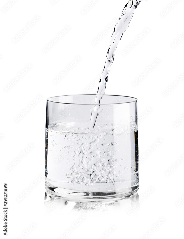 Pouring fresh pure water into a glass isolated on white background, Healthcare and beauty hydration concept Pouring fresh pure water into a glass isolated on white background, Healthcare and beauty hydration concept