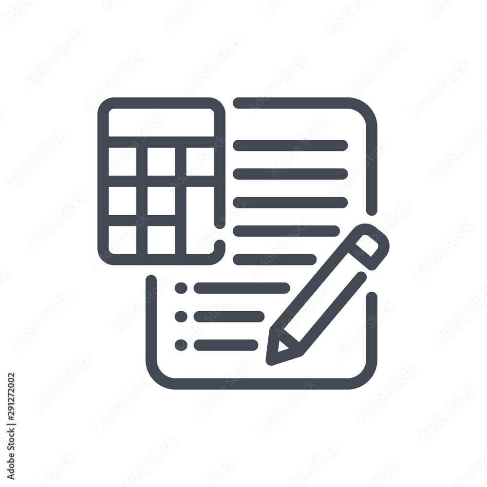 Accounting report line icon. Document with pen and calculator vector outline sign. Accounting report line icon. Document with pen and calculator vector outline sign.