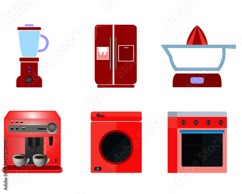 Set kitchen appliances mixer blinder Refrigerator side by side orange squeezer espresso machine washer machine oven vector