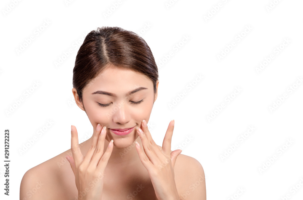 Short hair asian young beautiful woman smiling and touching her face, isolated over white background. natural makeup, SPA therapy, skincare, cosmetology and plastic surgery concept Short hair asian young beautiful woman smiling and touching her face, isolated over white background. natural makeup, SPA therapy, skincare, cosmetology and plastic surgery concept