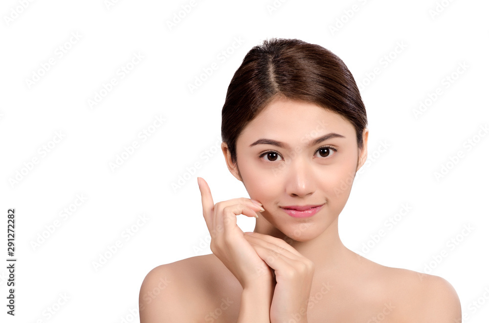 Short hair asian young beautiful woman smiling and touching her face, isolated over white background. natural makeup, SPA therapy, skincare, cosmetology and plastic surgery concept Short hair asian young beautiful woman smiling and touching her face, isolated over white background. natural makeup, SPA therapy, skincare, cosmetology and plastic surgery concept