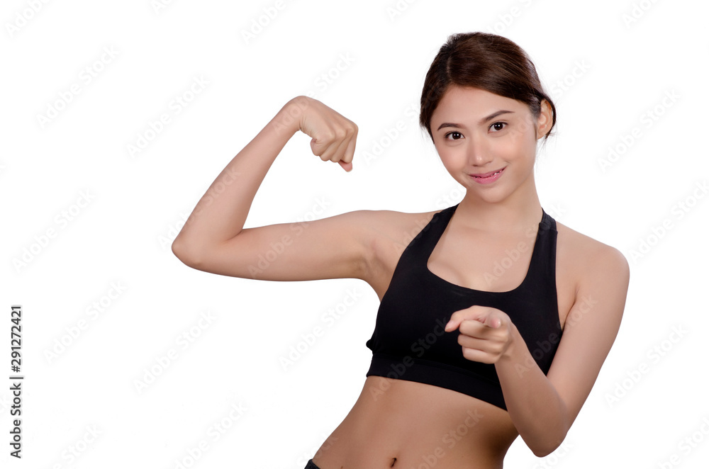 Asian Woman Sport Workout and Exercise Concept. Slim body girl warm up before workout. Beauty face and natural makeup sports bra outfit. Isolated over white background Asian Woman Sport Workout and Exercise Concept. Slim body girl warm up before workout. Beauty face and natural makeup sports bra outfit. Isolated over white background
