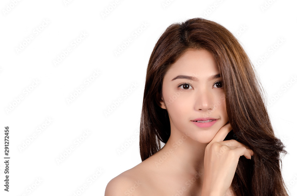 Short hair asian young beautiful woman smile and touch her face, isolated over white background. natural makeup, SPA therapy, skincare, cosmetology concept Short hair asian young beautiful woman smile and touch her face, isolated over white background. natural makeup, SPA therapy, skincare, cosmetology concept