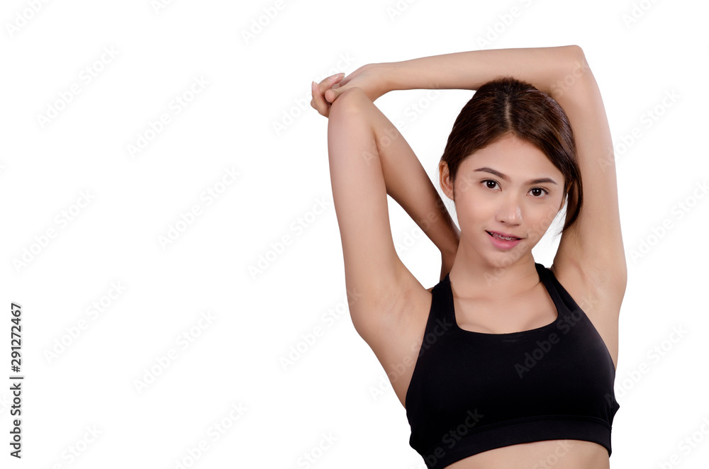Asian Woman Sport Workout and Exercise Concept. Slim body girl warm up before workout. Beauty face and natural makeup sports bra outfit. Isolated over white background Asian Woman Sport Workout and Exercise Concept. Slim body girl warm up before workout. Beauty face and natural makeup sports bra outfit. Isolated over white background
