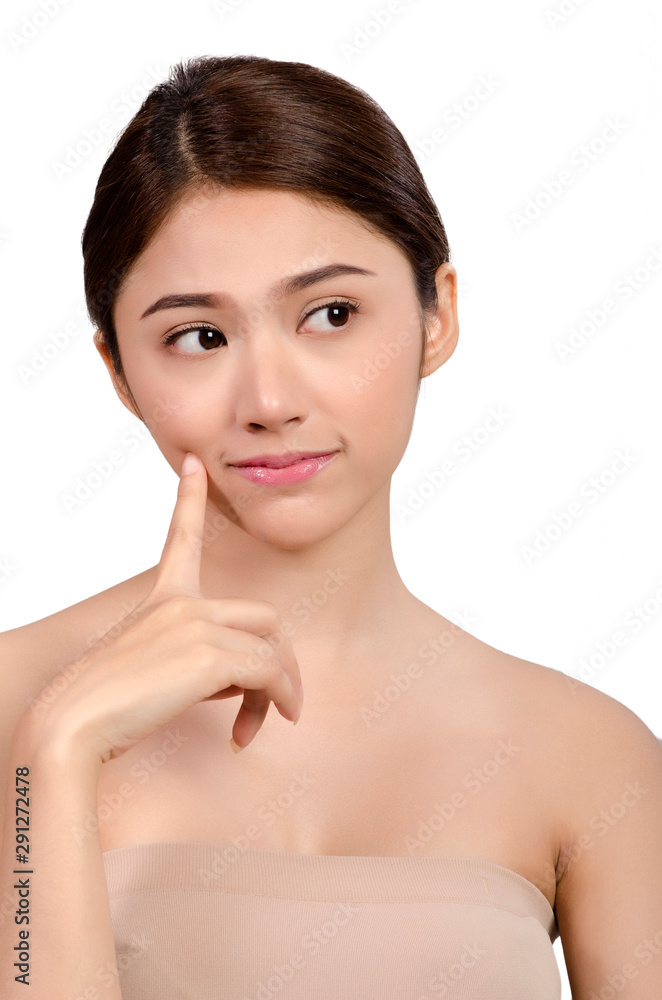 Asian young beautiful woman smiling and pointing at her teeth, natural makeup, beauty face, isolated over white background. Asian young beautiful woman smiling and pointing at her teeth, natural makeup, beauty face, isolated over white background.