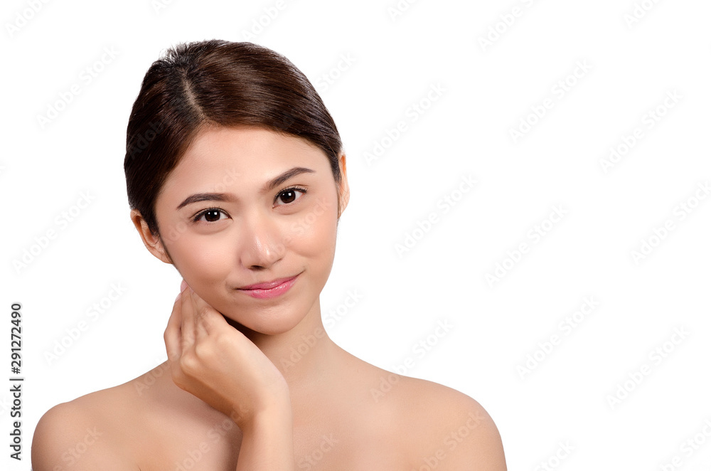 Short hair asian young beautiful woman smile and touch her face, isolated over white background. natural makeup, SPA therapy, skincare, cosmetology concept Short hair asian young beautiful woman smile and touch her face, isolated over white background. natural makeup, SPA therapy, skincare, cosmetology concept
