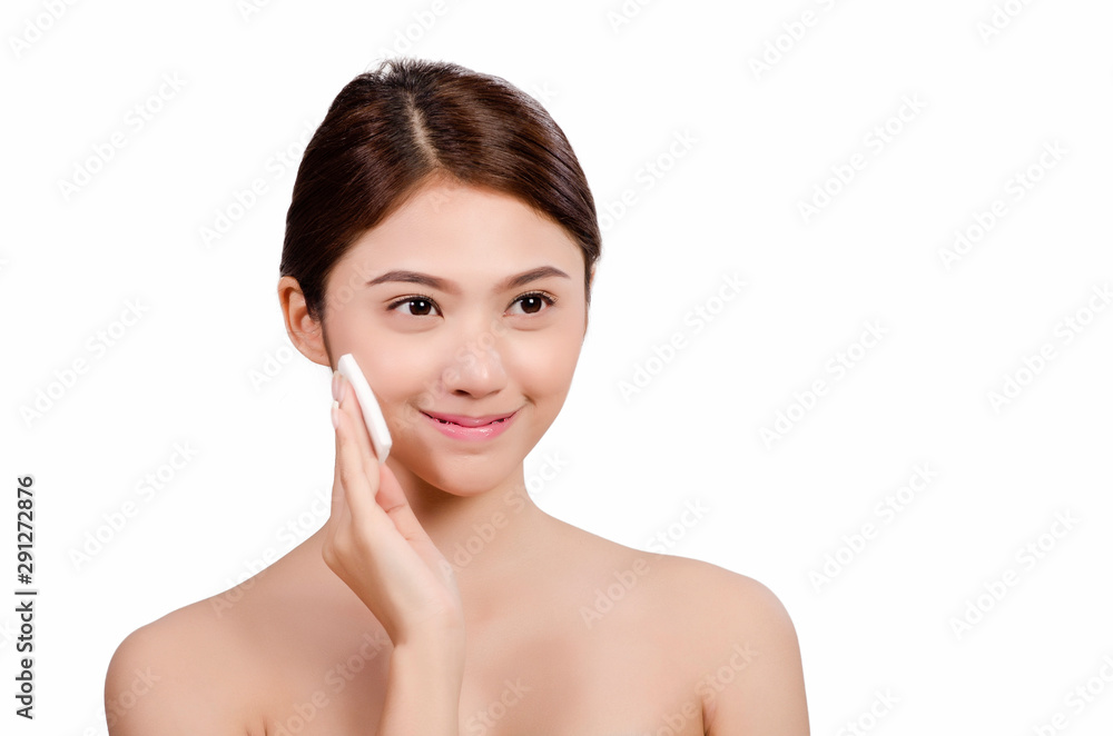 Asian young beautiful woman removing cosmetic on her chin with tissues, Cleansing face, Natural makeup, SPA therapy, Skincare, Cosmetology and plastic surgery concept, Isolated overwhite background