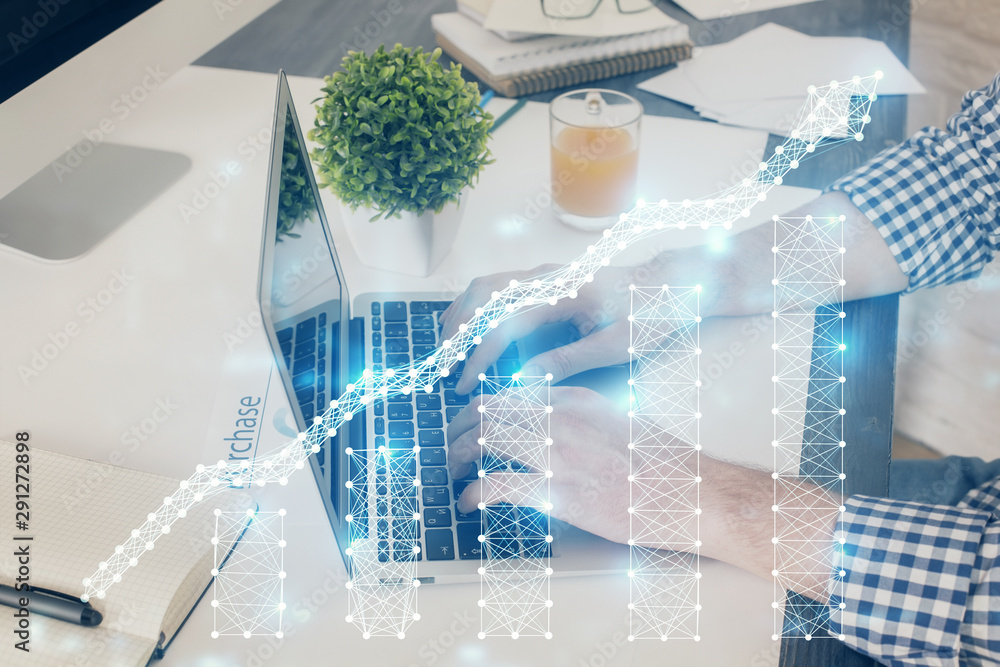 Multi exposure of graph with man typing on computer in office on background. Concept of hard work. Closeup. Multi exposure of graph with man typing on computer in office on background. Concept of hard work. Closeup.
