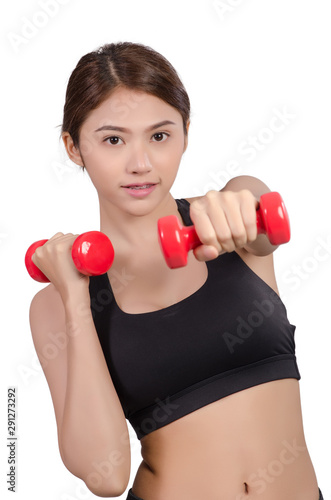 portrait of pretty sporty girl holding weights