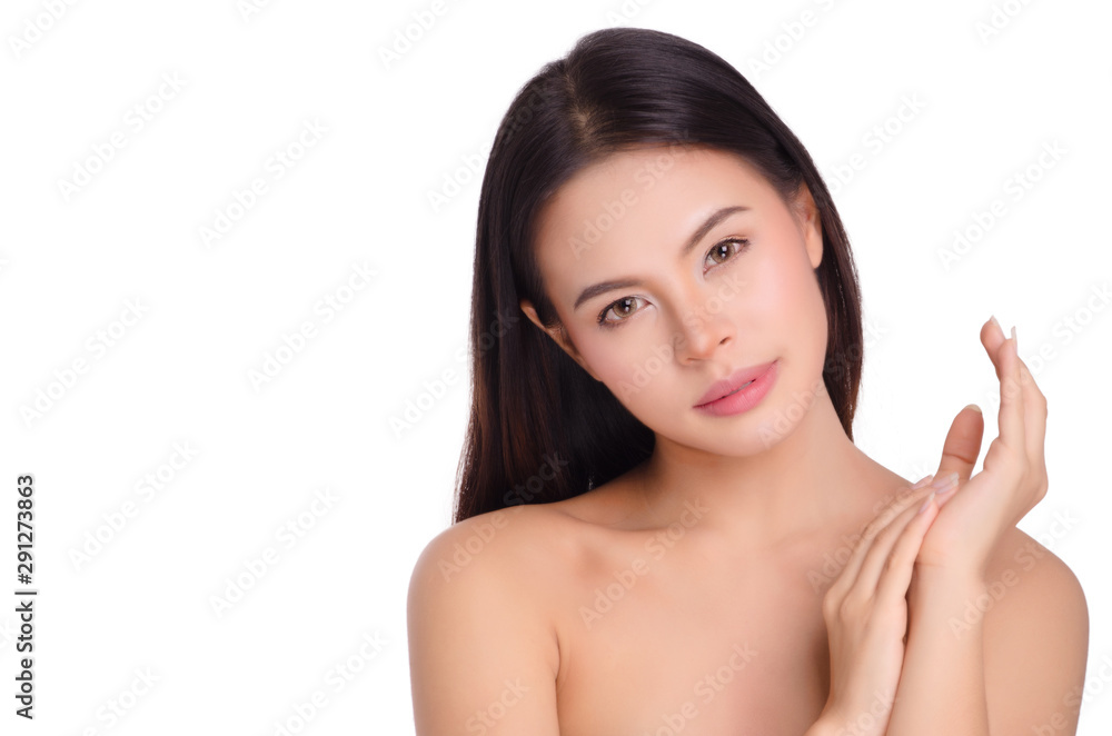 asian young beautiful woman smiling and touching hand, isolated over white background. natural makeup, SPA therapy, skincare, cosmetology and plastic surgery concept.with free copyspace asian young beautiful woman smiling and touching hand, isolated over white background. natural makeup, SPA therapy, skincare, cosmetology and plastic surgery concept.with free copyspace