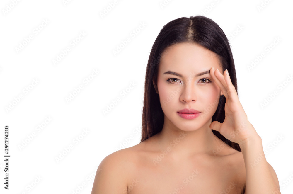 asian young beautiful woman smiling and touching her face, isolated over white background. natural makeup, SPA therapy, skincare, cosmetology and plastic surgery concept asian young beautiful woman smiling and touching her face, isolated over white background. natural makeup, SPA therapy, skincare, cosmetology and plastic surgery concept