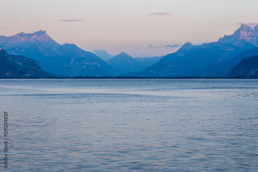 View of the mountains around Vevey, Switzerland, on the north shore of Lake Geneva. 