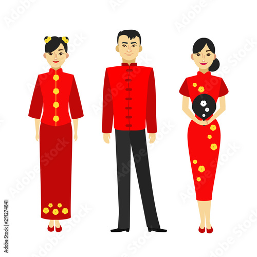 Cartoon Color Characters People Chinese Man and Woman Set. Vector