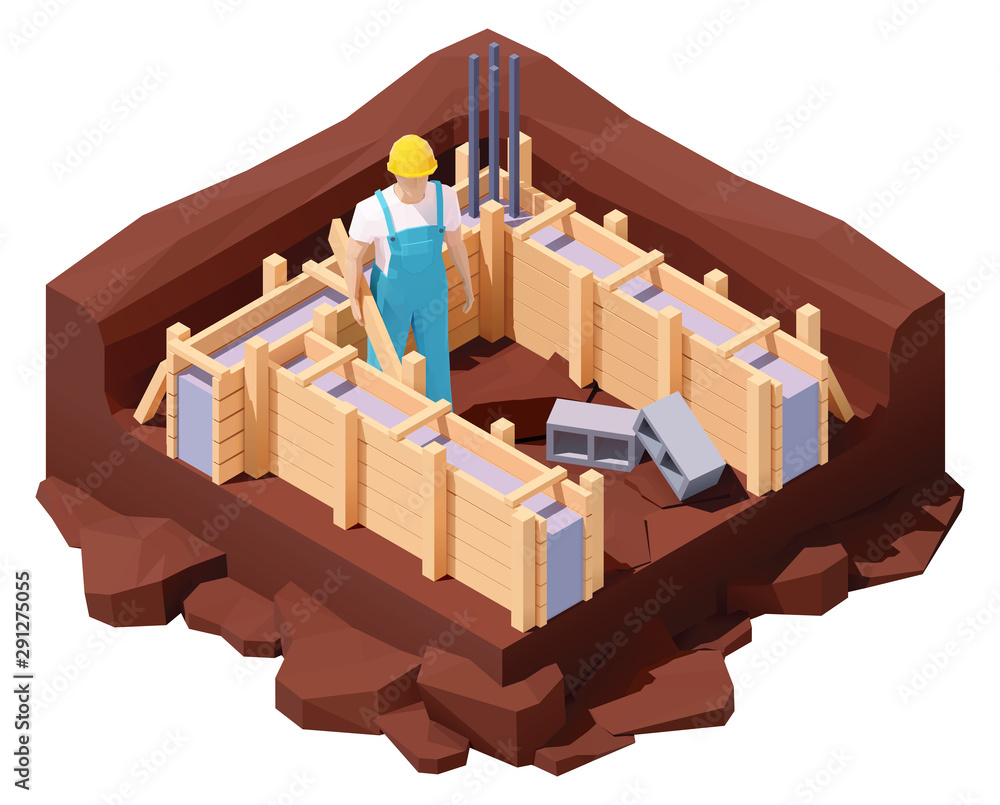 Vector isometric house foundation works