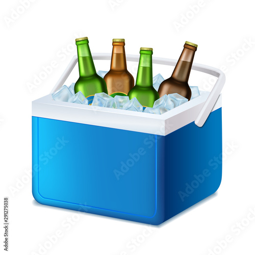 Realistic 3d Detailed Blue Handheld Refrigerator with Beer Bottles. Vector