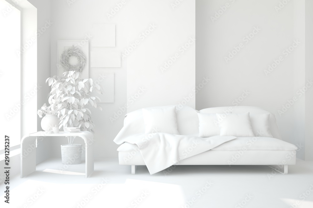 Mock up of stylish room in white color with sofa. Scandinavian interior design. 3D illustration - obrazy, fototapety, plakaty 