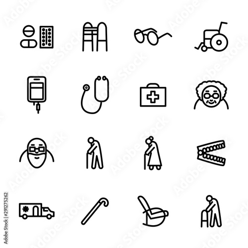 Old People Medicine Sign Black Thin Line Icon Set. Vector
