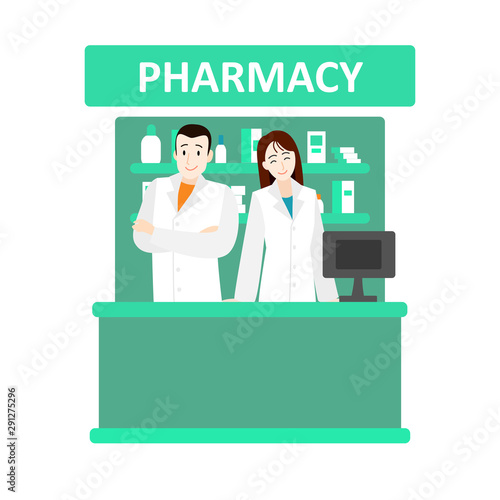 Cartoon Color Characters People Pharmacist and Drugstore Concept. Vector