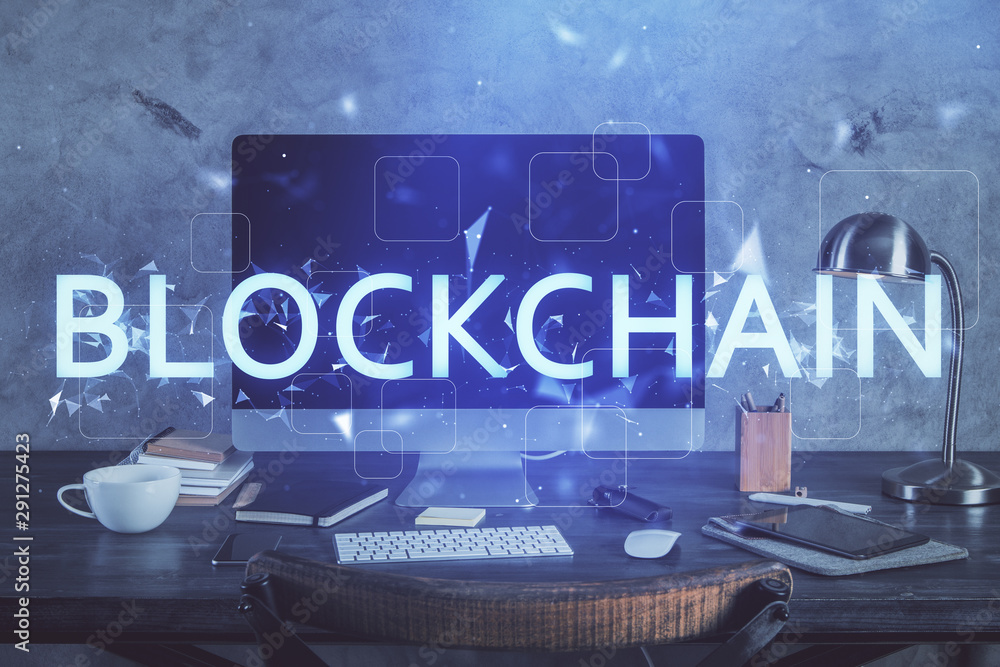 Obraz premium Double exposure of blockchain and crypto economy theme hologram and table with computer background. Concept of bitcoin cryptocurrency.