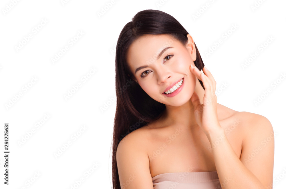 asian young beautiful woman smiling and touching her face, isolated over white background. natural makeup, SPA therapy, skincare, cosmetology and plastic surgery concept asian young beautiful woman smiling and touching her face, isolated over white background. natural makeup, SPA therapy, skincare, cosmetology and plastic surgery concept