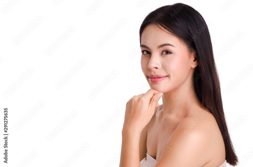 asian young beautiful woman smiling and touching her face, isolated over white background. natural makeup, SPA therapy, skincare, cosmetology and plastic surgery concept asian young beautiful woman smiling and touching her face, isolated over white background. natural makeup, SPA therapy, skincare, cosmetology and plastic surgery concept